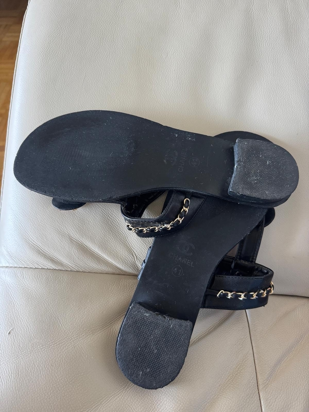 Black Leather Chain-Trim Toe-Post Sandals with Gold Medallion - Picture 3 of 4